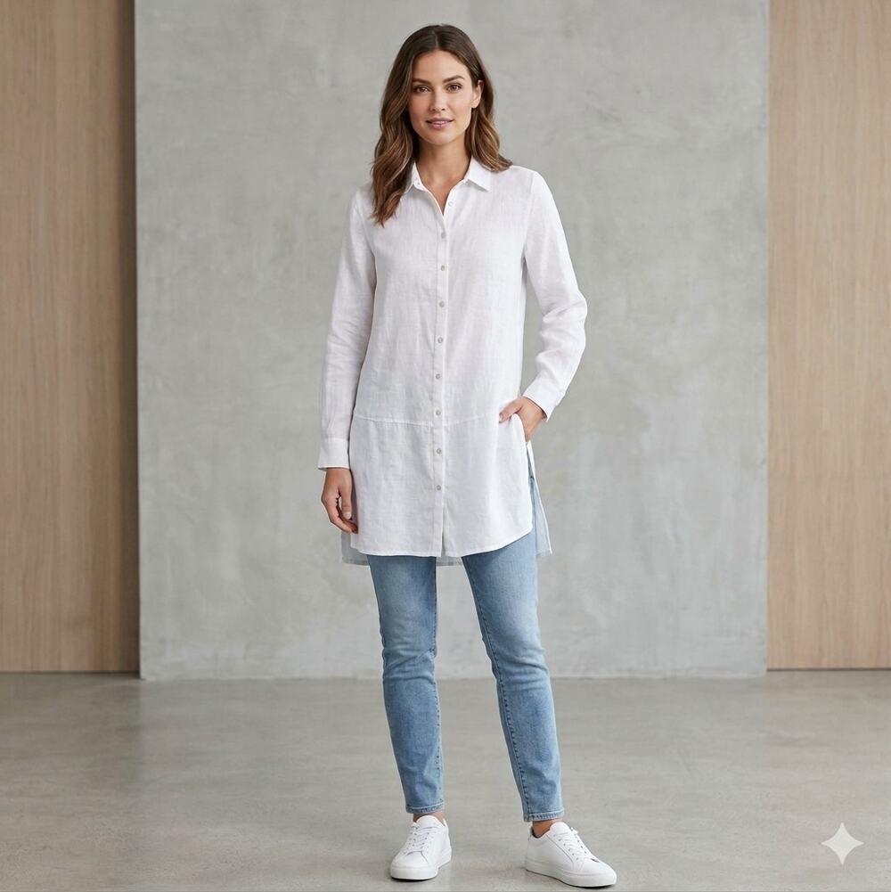 NWT -Tahari 100% Linen White Longline Button-Down Tunic Shirt - Medium